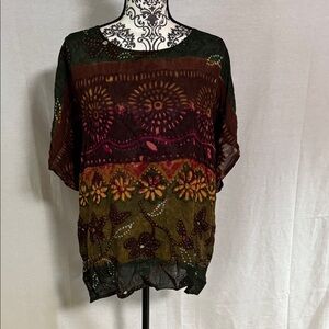 Artistic Floral Women Rayon Sheer Blouse - Green and Brown and Maroon GUC Large